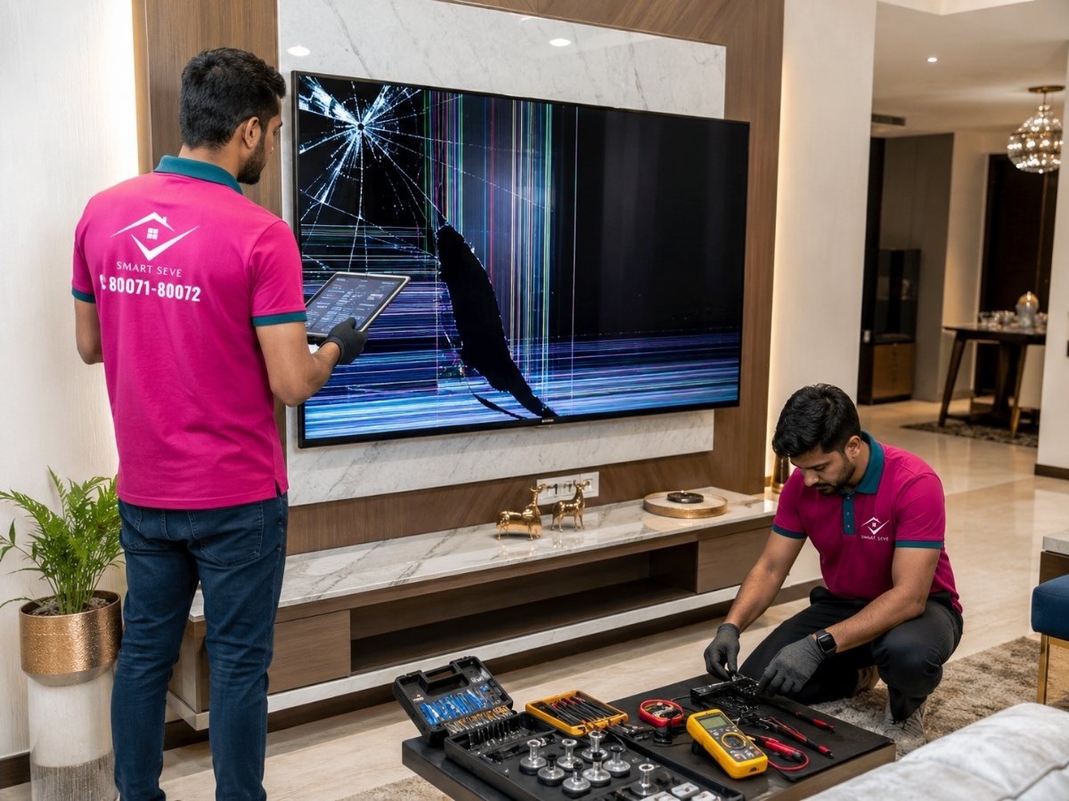 A TV with a cracked or damaged screen before repair
