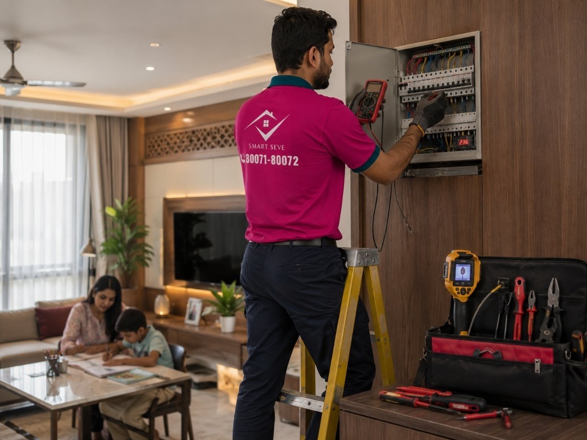 Electrician working on a switchboard in Tumkur by Smart Seve