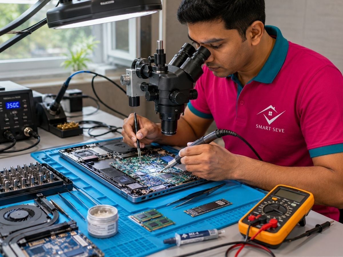 Technician repairing a laptop in Tumkur