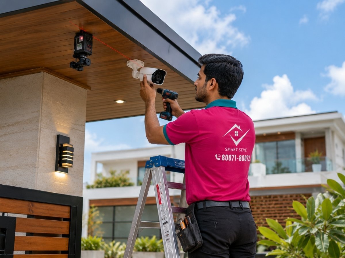 Technician installing a CCTV camera in Tumkur