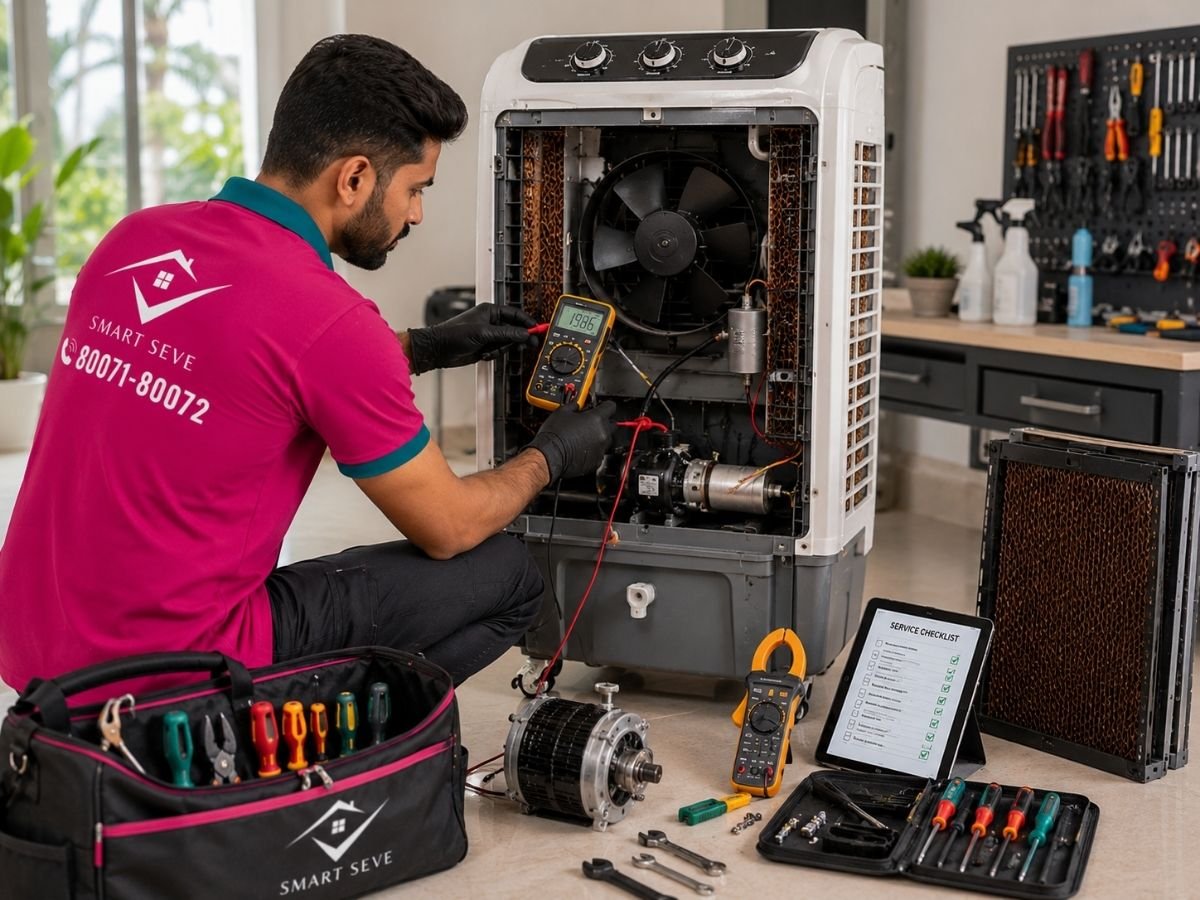 Technician repairing an air cooler in Tumkur
