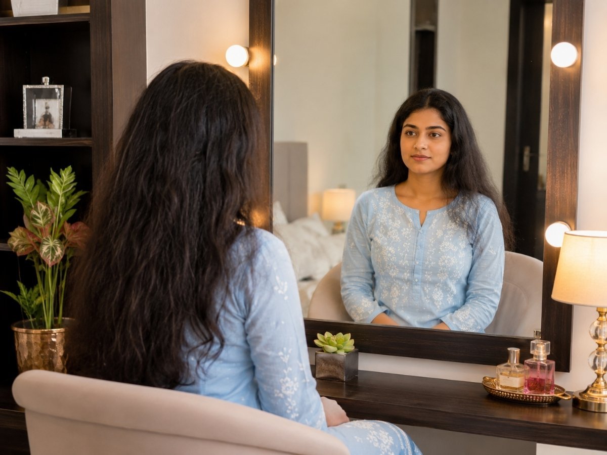 Hair before a salon haircut and styling in Tumkur