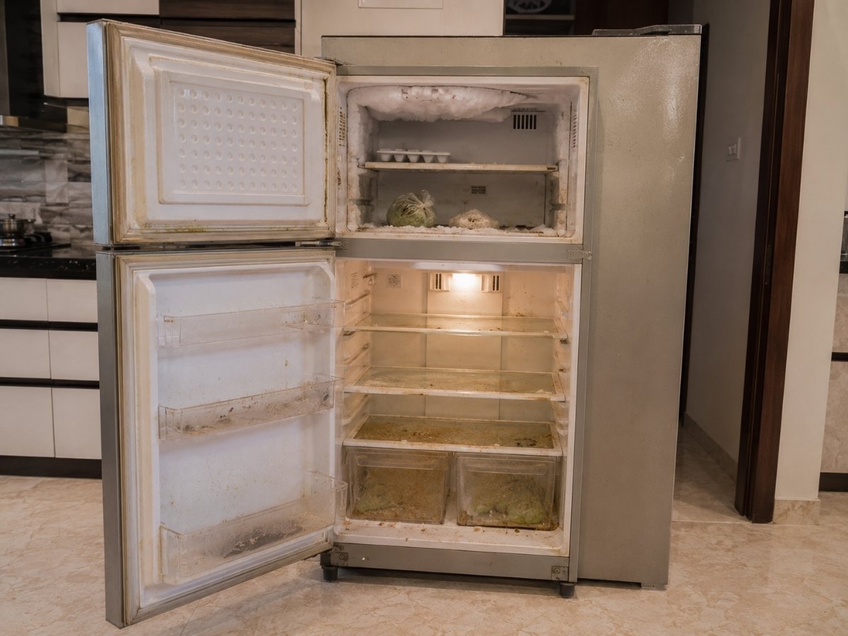 Freezer with heavy frost build up before servicing in Tumkur