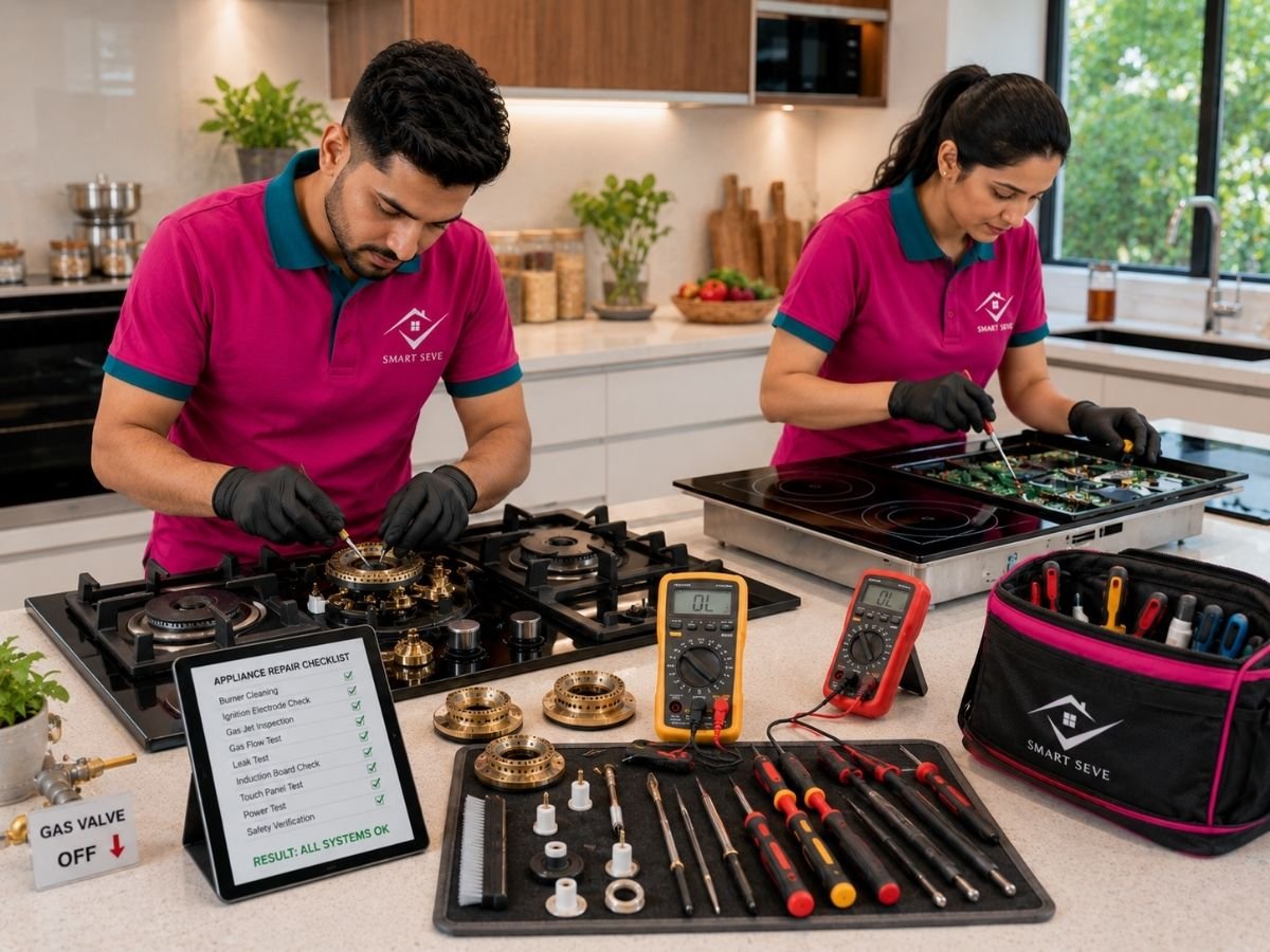 Technician repairing a gas stove in Tumkur