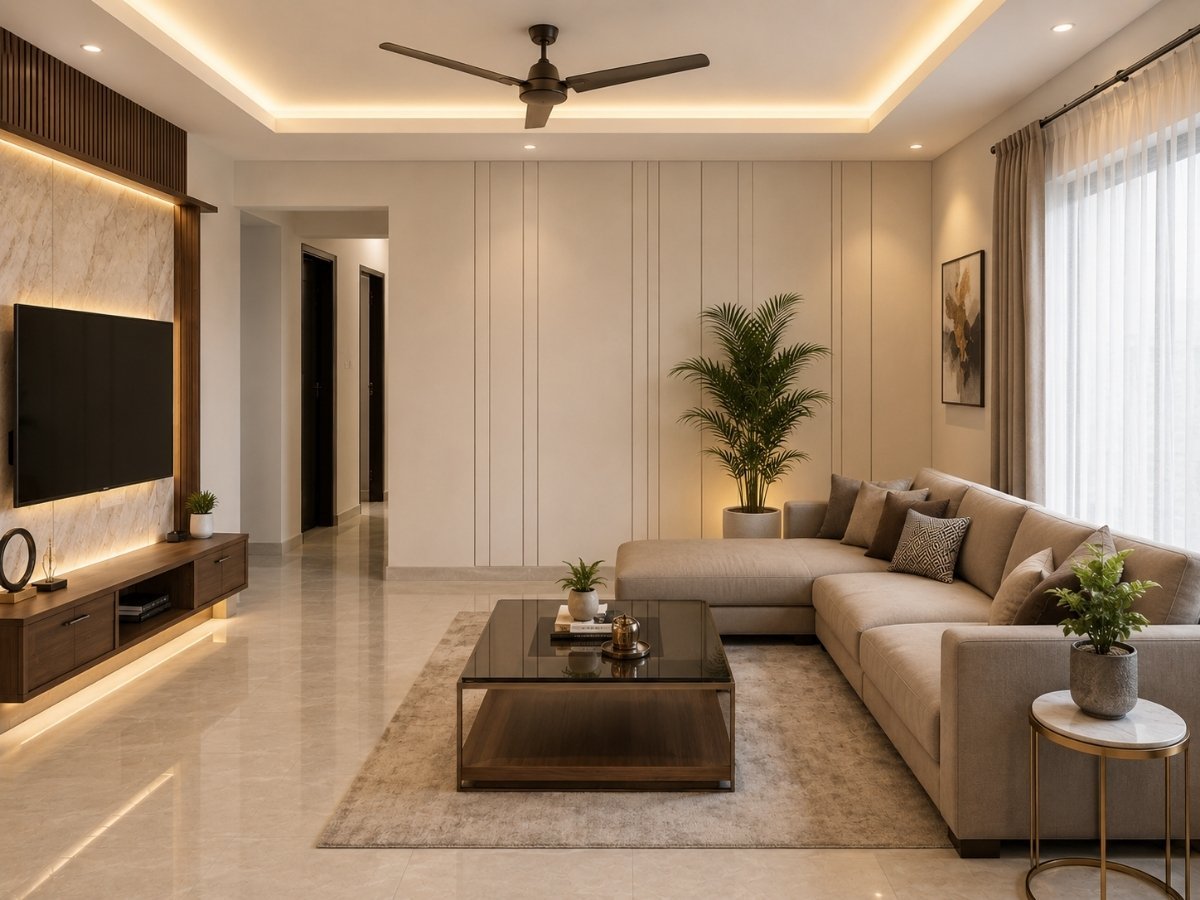 hall after modular and false ceiling interior design in Tumkur