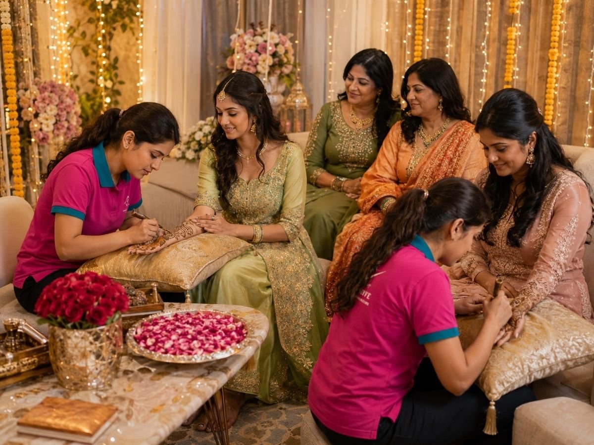 Mehndi artist applying bridal henna at home in Tumkur
