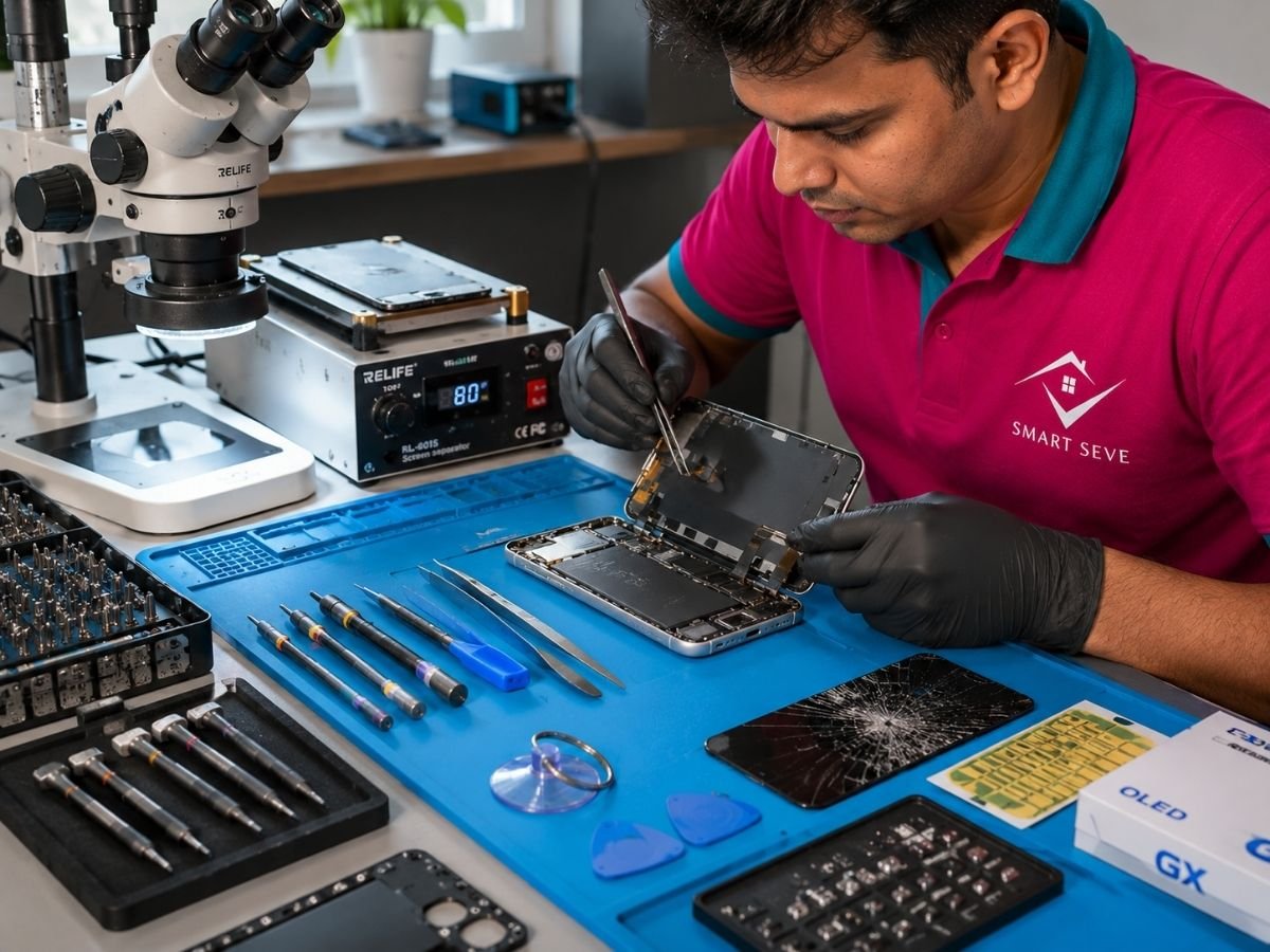 Mobile phone repair technician fixing a phone in Tumkur