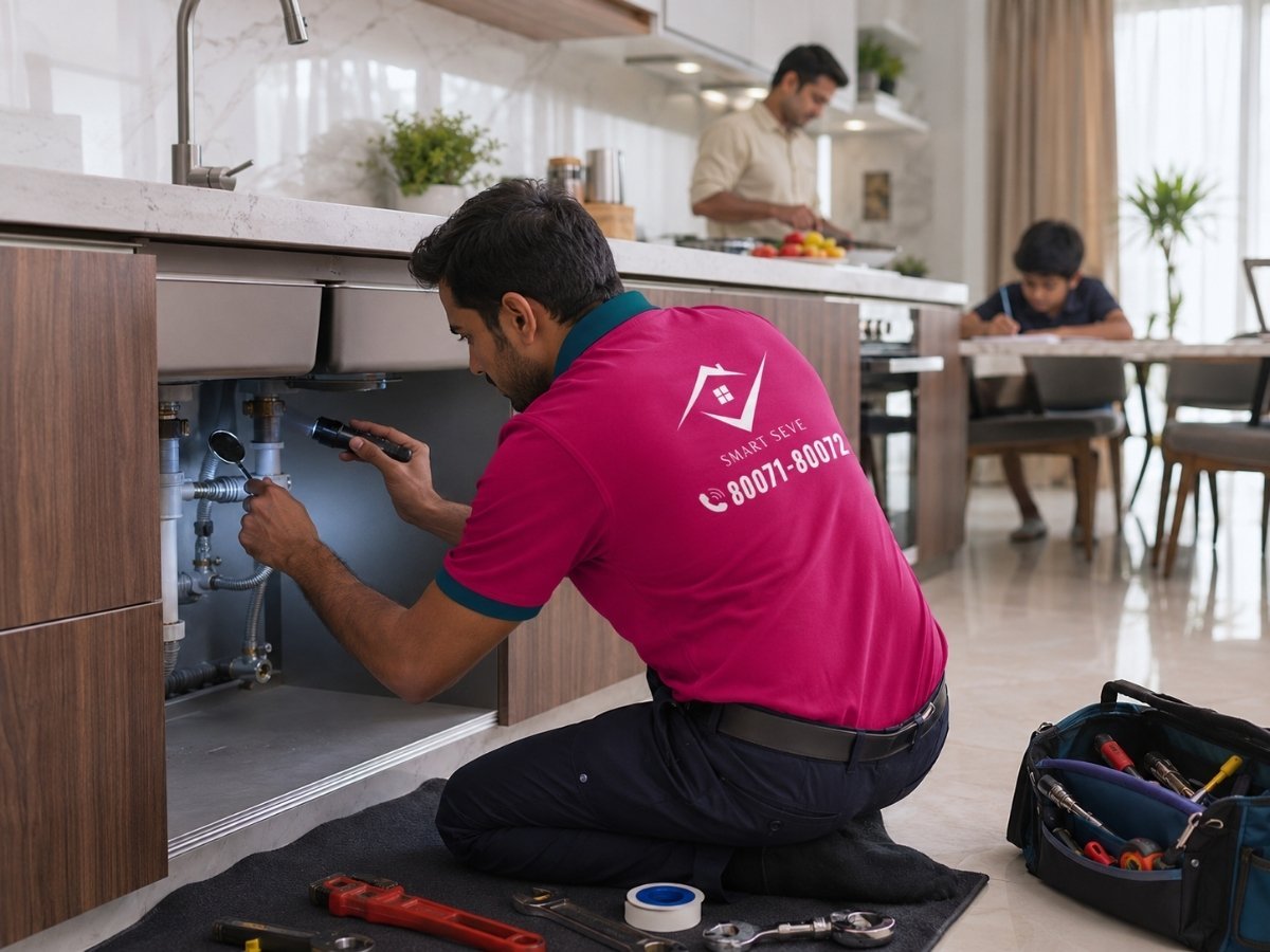 Plumber fixing a tap in Tumkur by Smart Seve