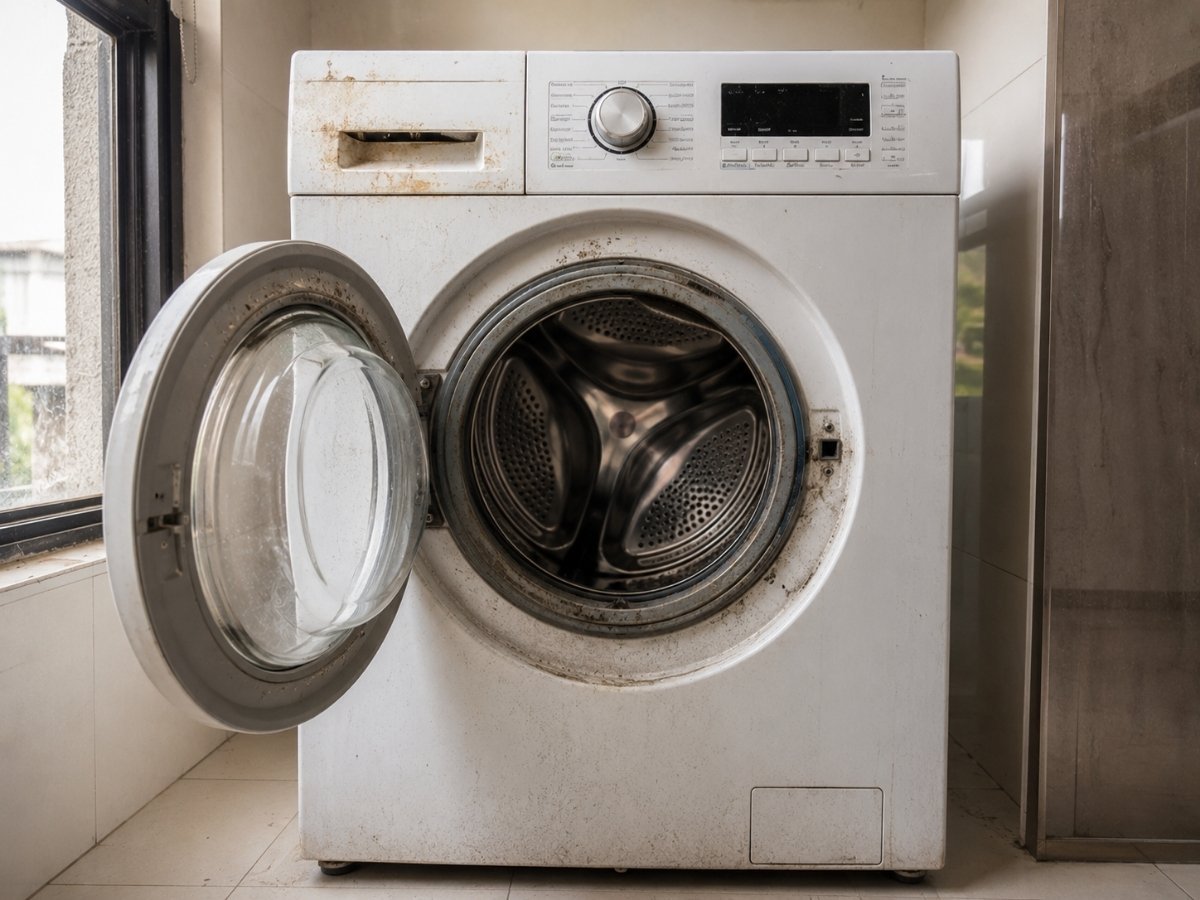 Washing machine drum with scale and grime before servicing in Tumkur