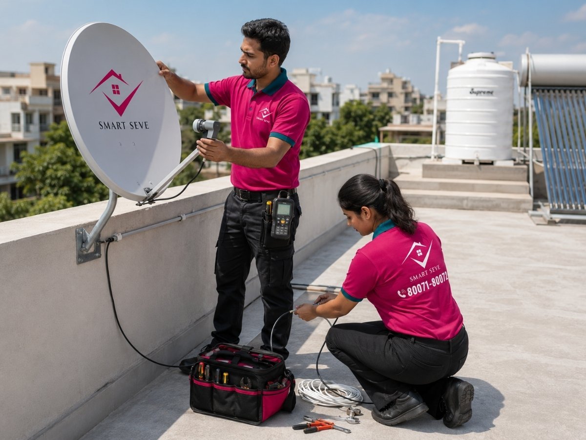 Technician aligning a DTH dish antenna in Tumkur