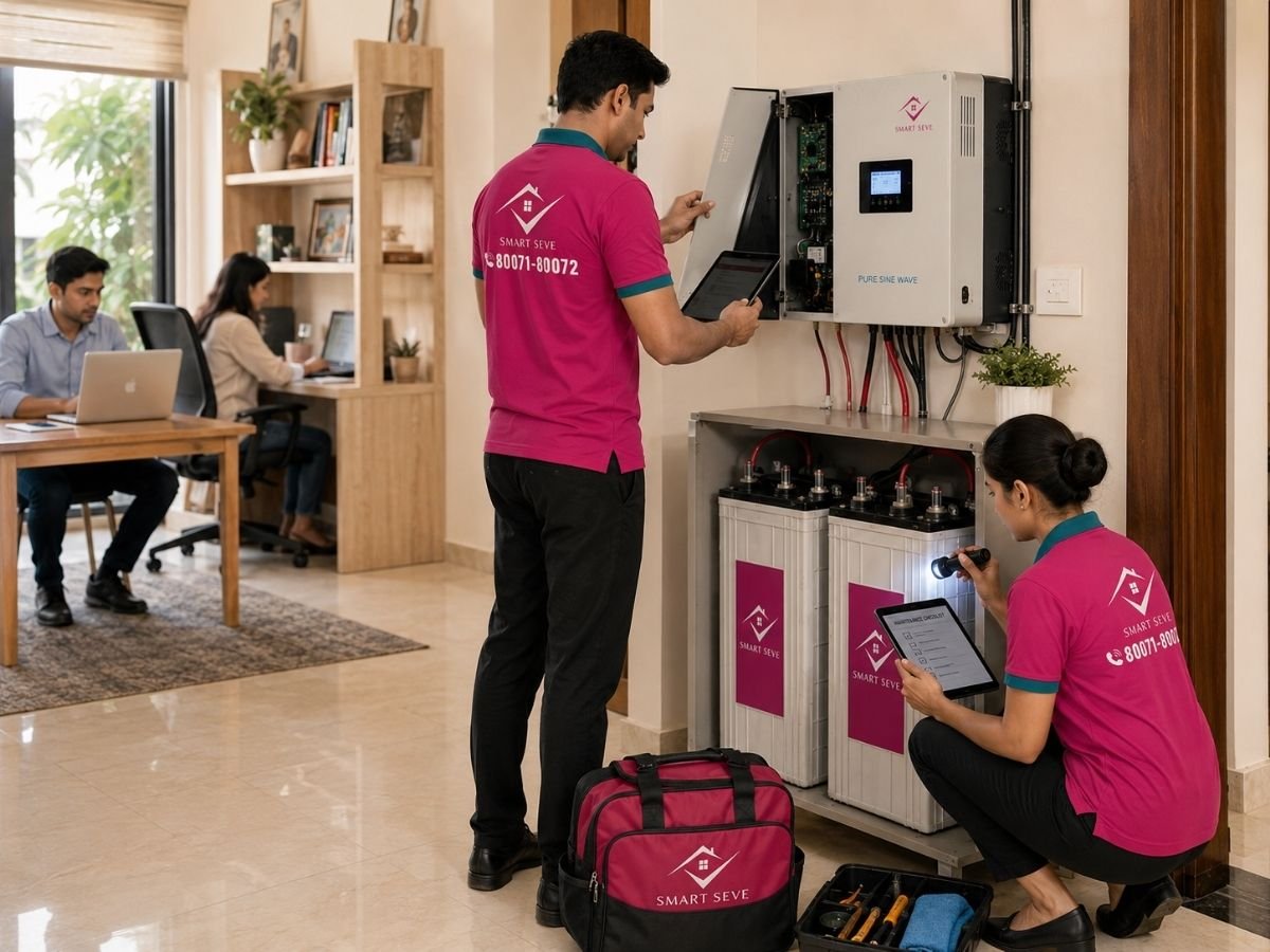 Technician repairing a home inverter and battery in Tumkur