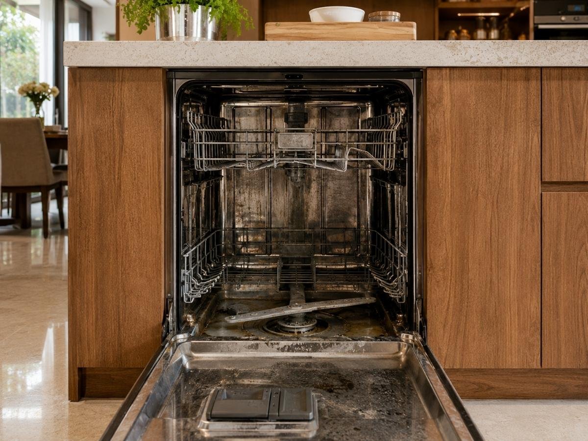 Dishwasher interior with food residue before a service in Tumkur
